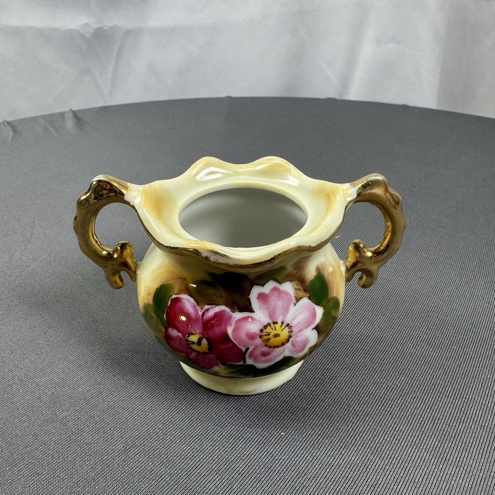 Vintage Enesco Bone China Floral Design Mini Sugar Bowl‎ Gold Painted Handles